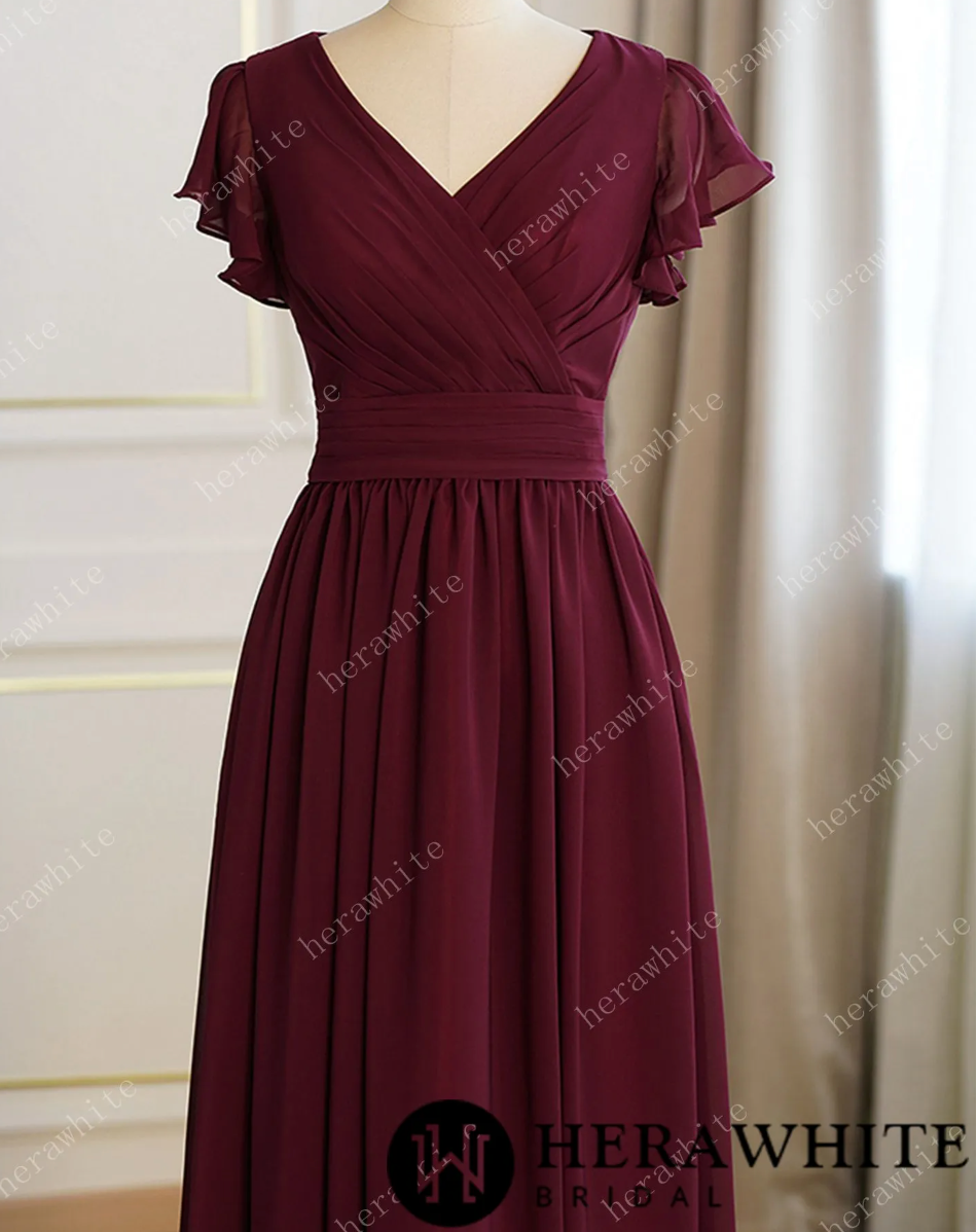 Load image into Gallery viewer, Bridesmaid Dresses for Long Modest V Neck Chiffon Dress with Short Sleeves
