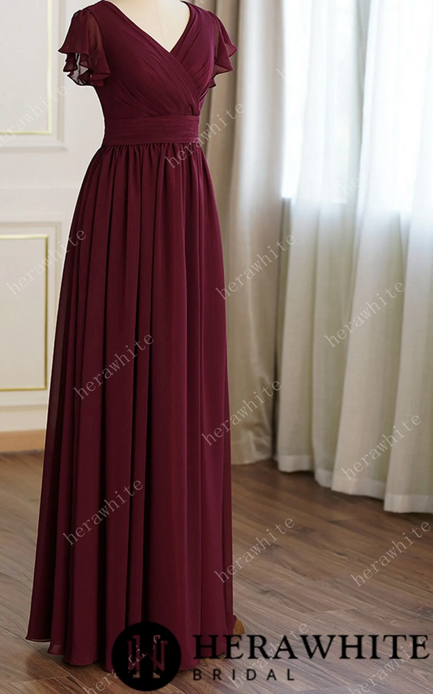 
                      
                        Bridesmaid Dresses for Long Modest V Neck Chiffon Dress with Short Sleeves
                      
                    