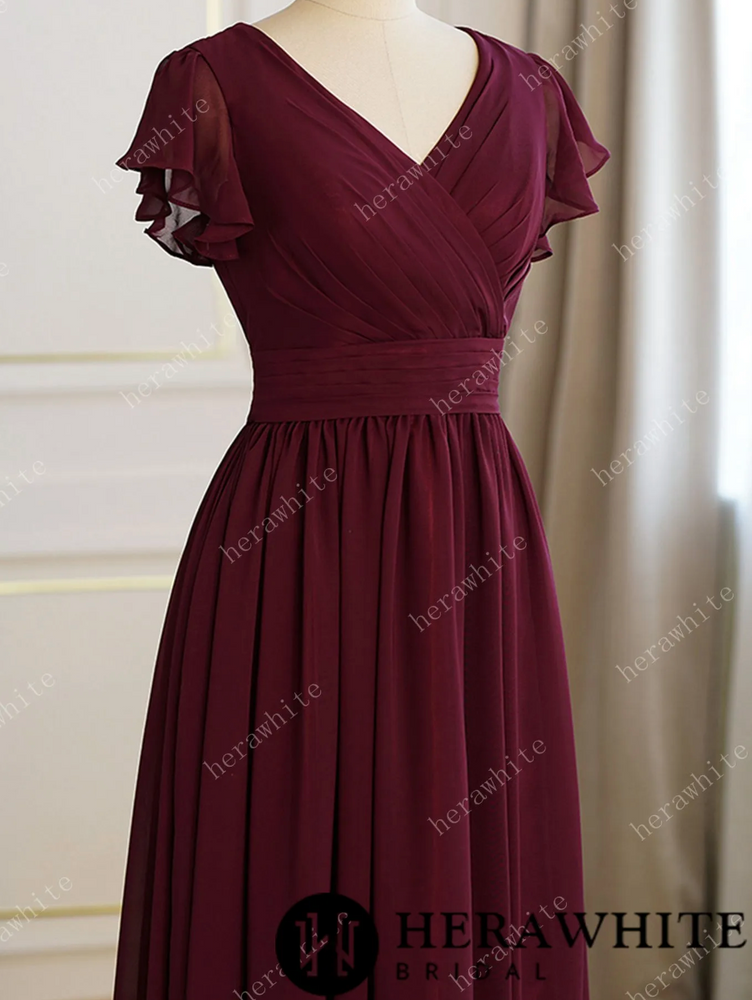 
                      
                        Bridesmaid Dresses for Long Modest V Neck Chiffon Dress with Short Sleeves
                      
                    