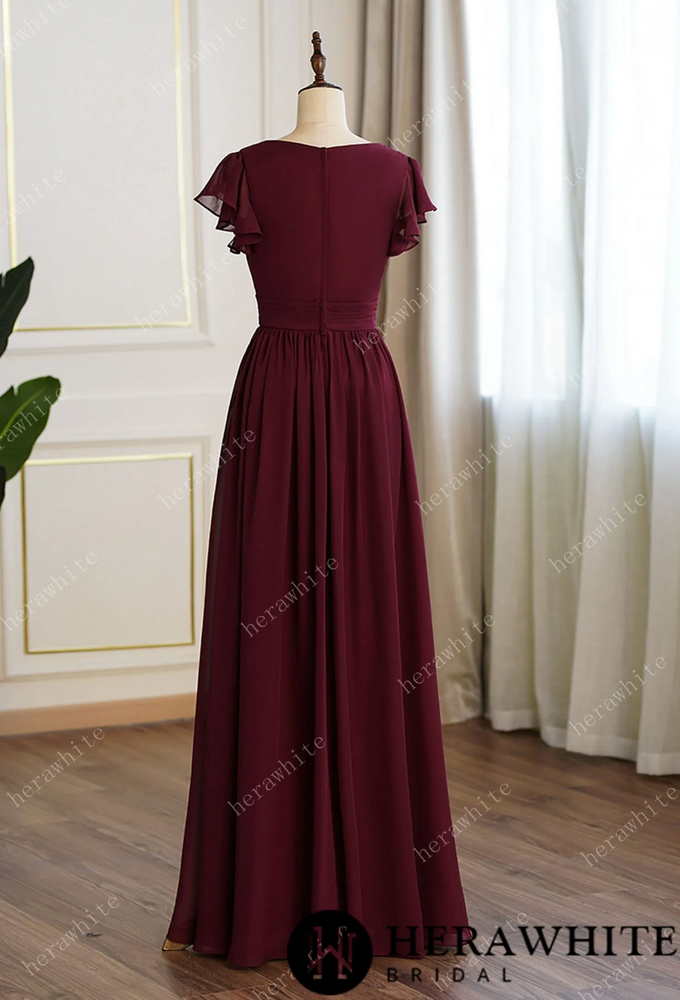 
                      
                        Bridesmaid Dresses for Long Modest V Neck Chiffon Dress with Short Sleeves
                      
                    