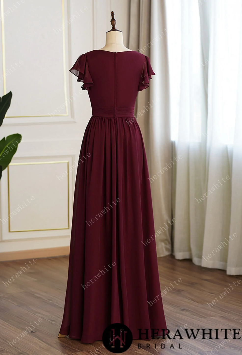 Load image into Gallery viewer, Bridesmaid Dresses for Long Modest V Neck Chiffon Dress with Short Sleeves
