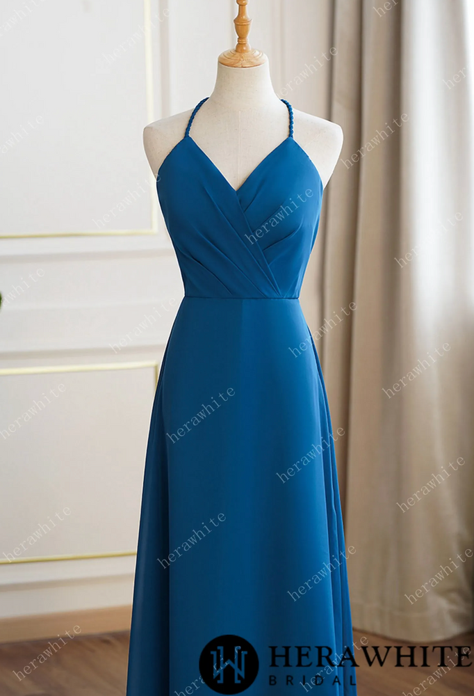 Rustic Blue Bridesmaid Dress Maxi Spring Summer Backless Halter Dress