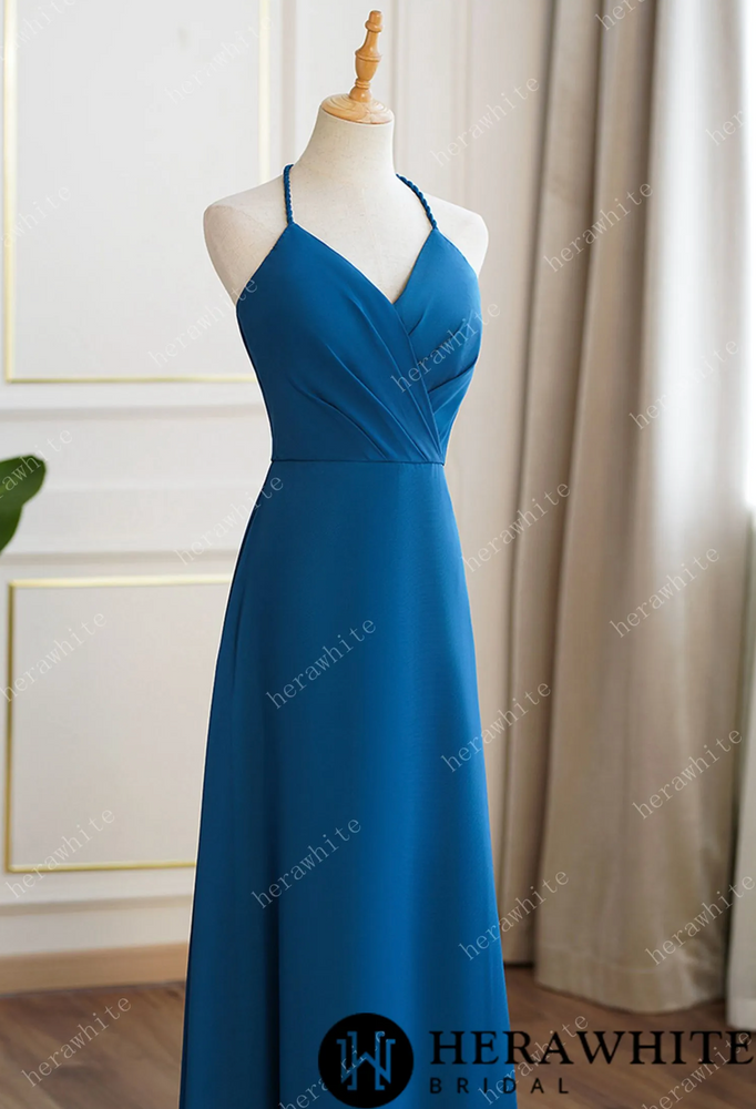 
                      
                        Rustic Blue Bridesmaid Dress Maxi Spring Summer Backless Halter Dress
                      
                    