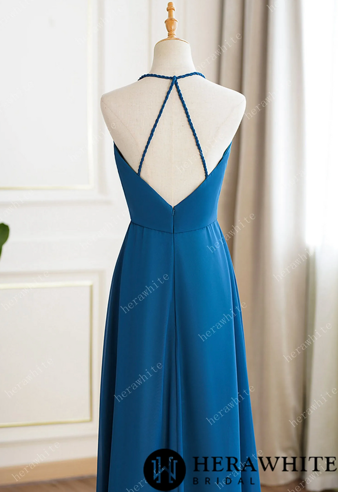 
                      
                        Rustic Blue Bridesmaid Dress Maxi Spring Summer Backless Halter Dress
                      
                    