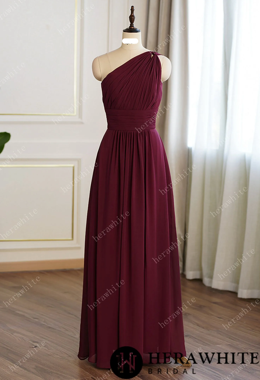 A-line Burgundy Chiffon One Shoulder Bridesmaid Dress