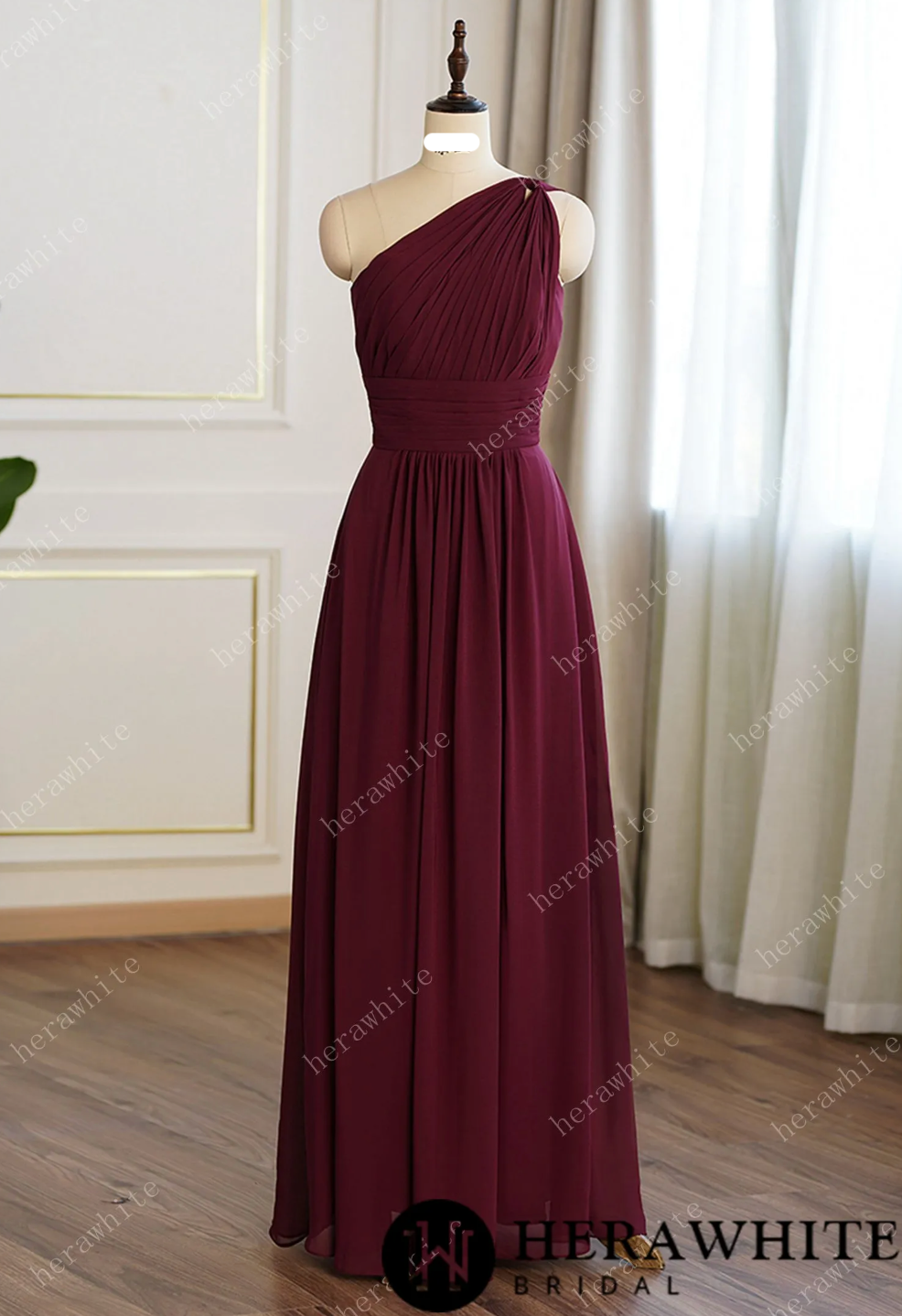 A line Burgundy Chiffon One Shoulder Bridesmaid Dress