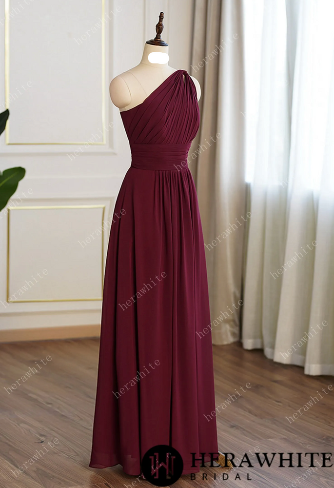 
                      
                        A-line Burgundy Chiffon One Shoulder Bridesmaid Dress
                      
                    