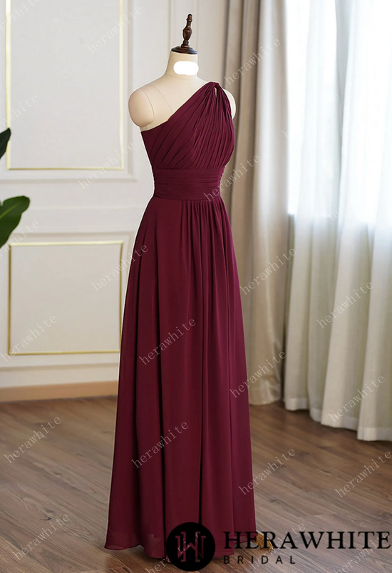 A-line Burgundy Chiffon One Shoulder Bridesmaid Dress