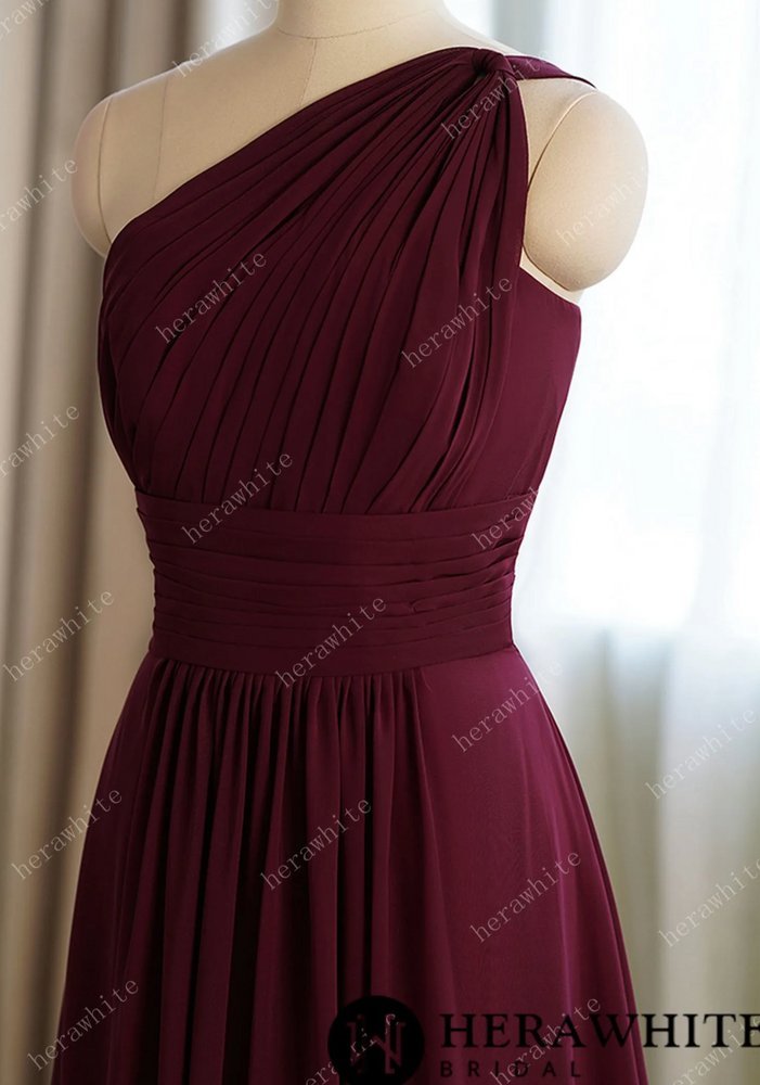 
                      
                        A-line Burgundy Chiffon One Shoulder Bridesmaid Dress
                      
                    