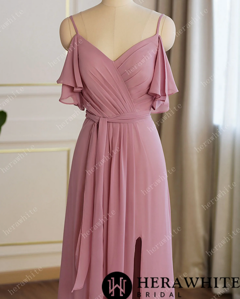 
                      
                        Off Shoulder Chiffon Long Bridesmaid Dress Pleated With Split
                      
                    