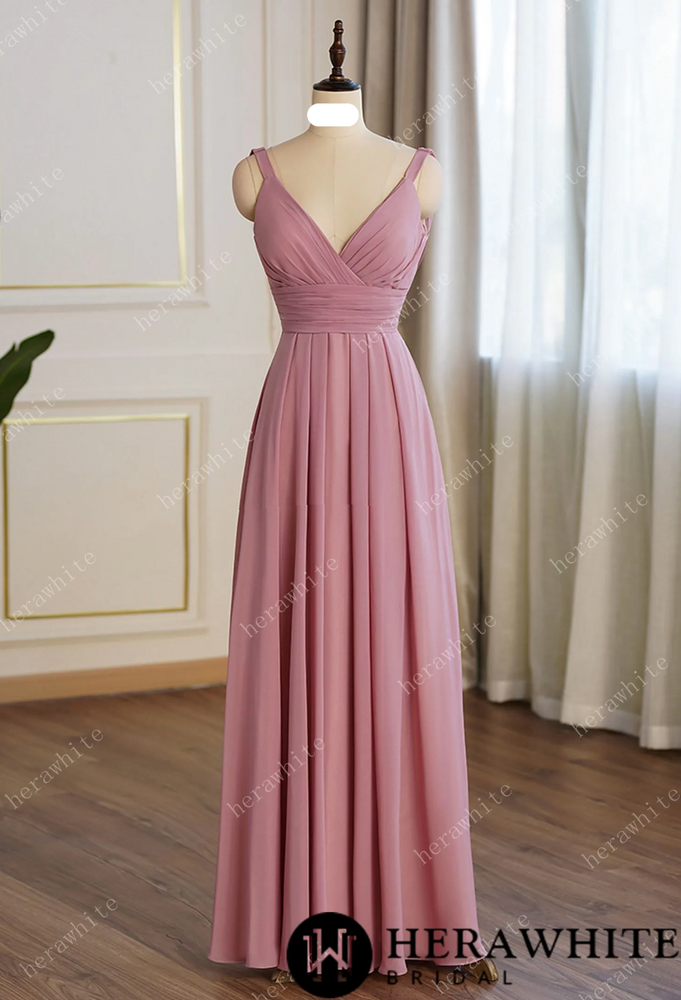 Dusty Pink Elegant Ruched Bodice Bridesmaid Dress