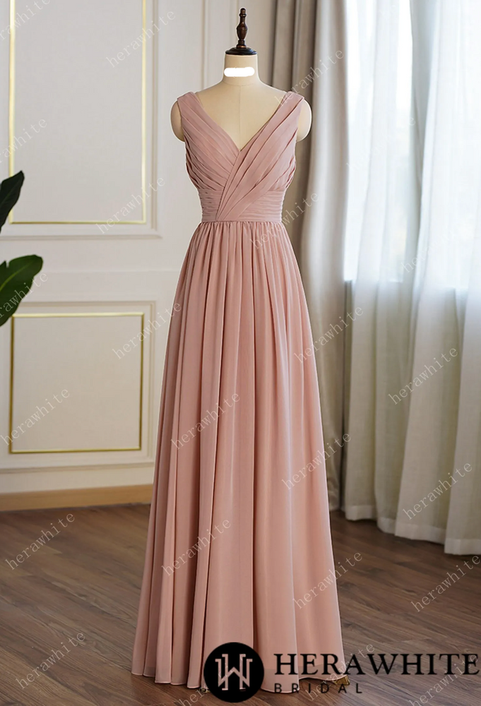 
                      
                        Coral Pleated V-neck Aline Bridesmaid Dress
                      
                    