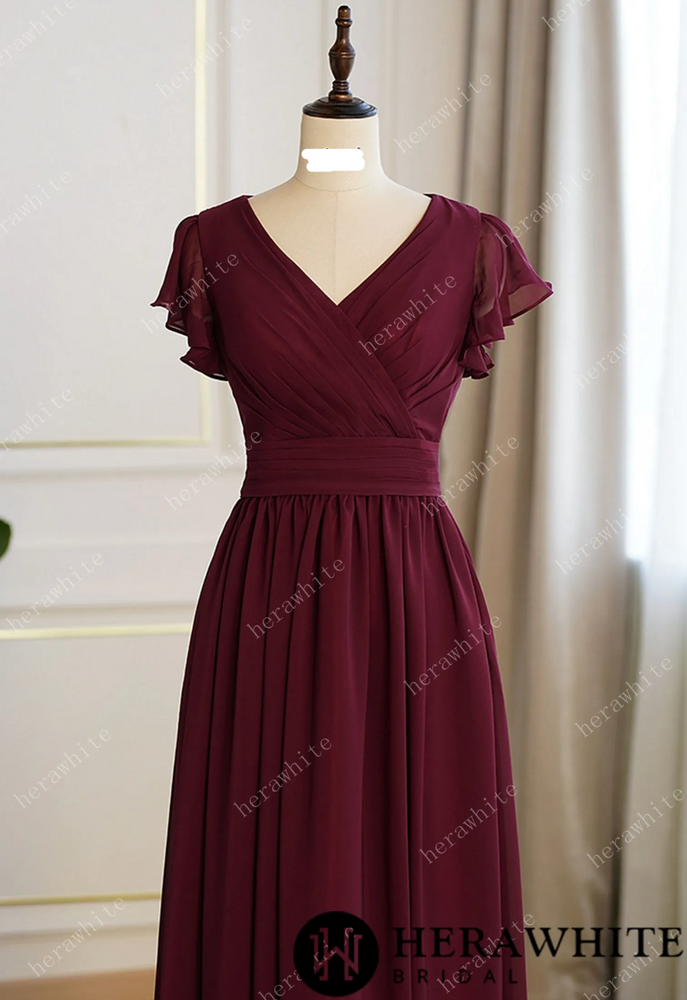 
                      
                        Bridesmaid Dresses for Long Modest V Neck Chiffon Dress with Short Sleeves
                      
                    