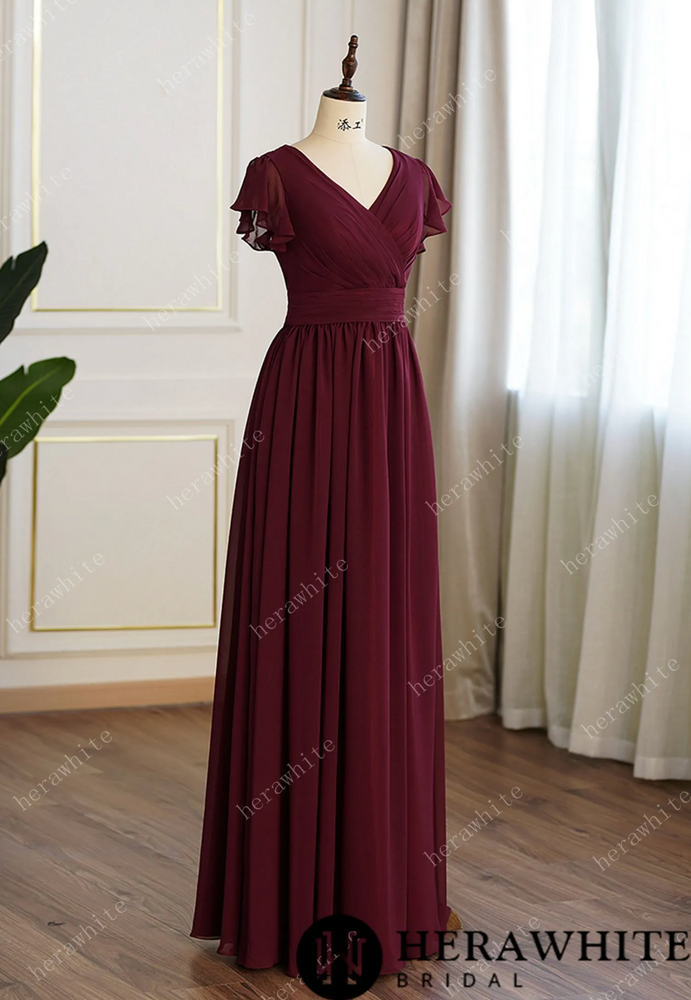 
                      
                        Bridesmaid Dresses for Long Modest V Neck Chiffon Dress with Short Sleeves
                      
                    