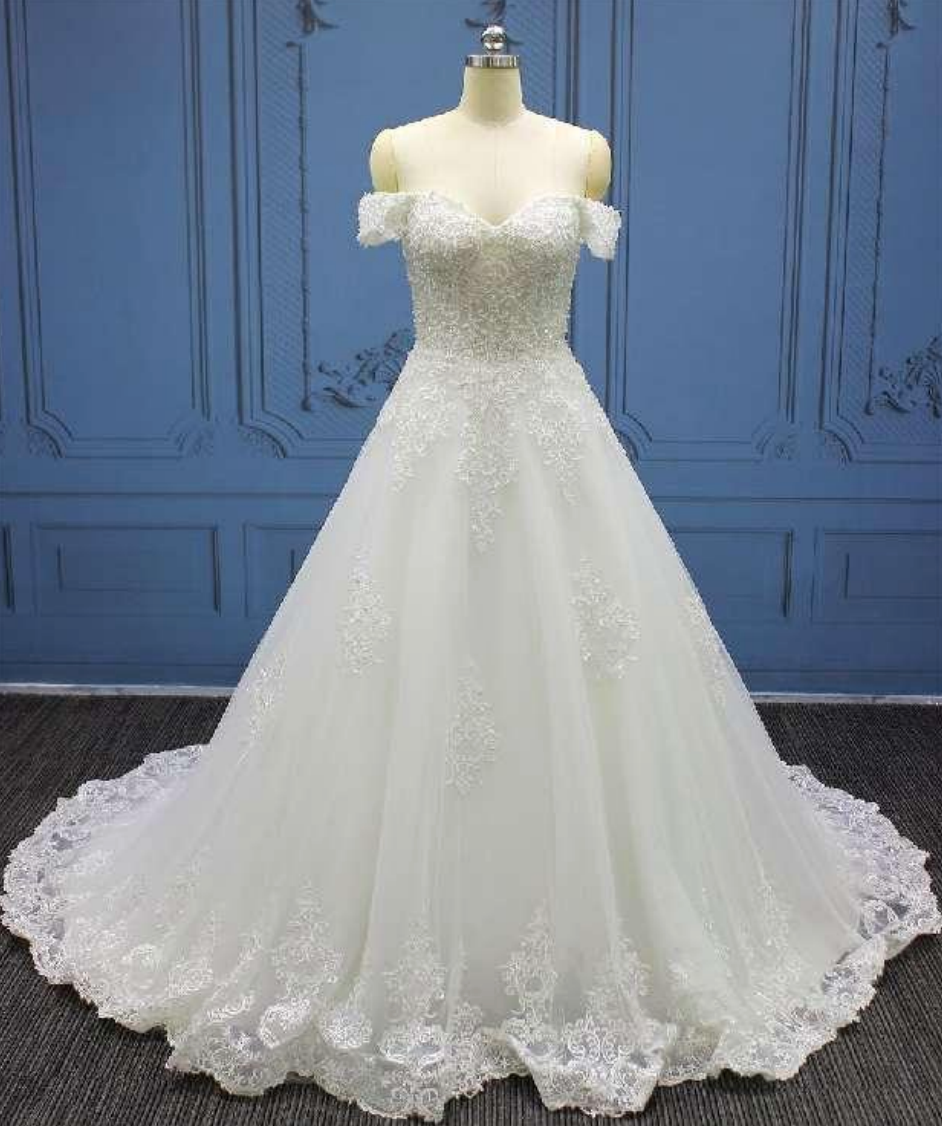 Beaded A Line Lace Off Shoulder Sleeve Wedding Bridal Gown