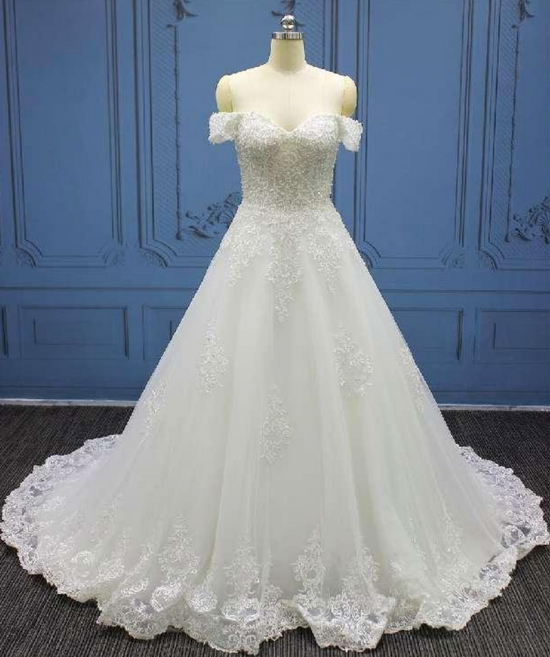 Beaded A Line Lace Off Shoulder Sleeve Wedding Bridal Gown