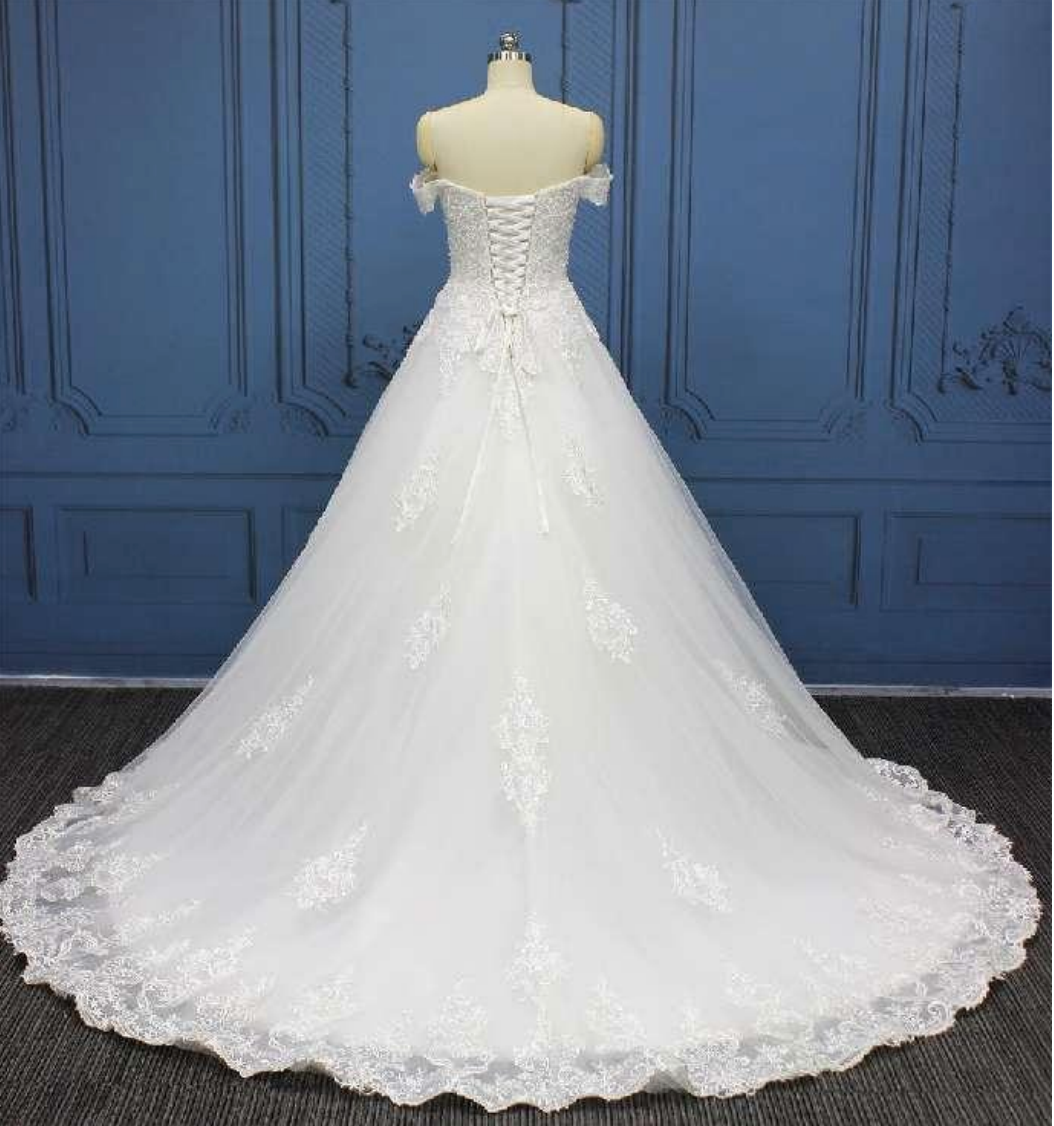 Beaded A Line Lace Off Shoulder Sleeve Wedding Bridal Gown