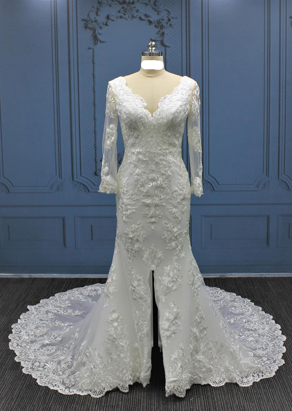 V Neck with Front Leg Split Mermaid Trumpet Lace Train Bridal Gown