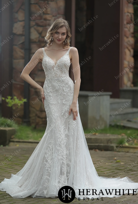 Classic V Neck Allover Lace Fit and Flare Wedding Dress