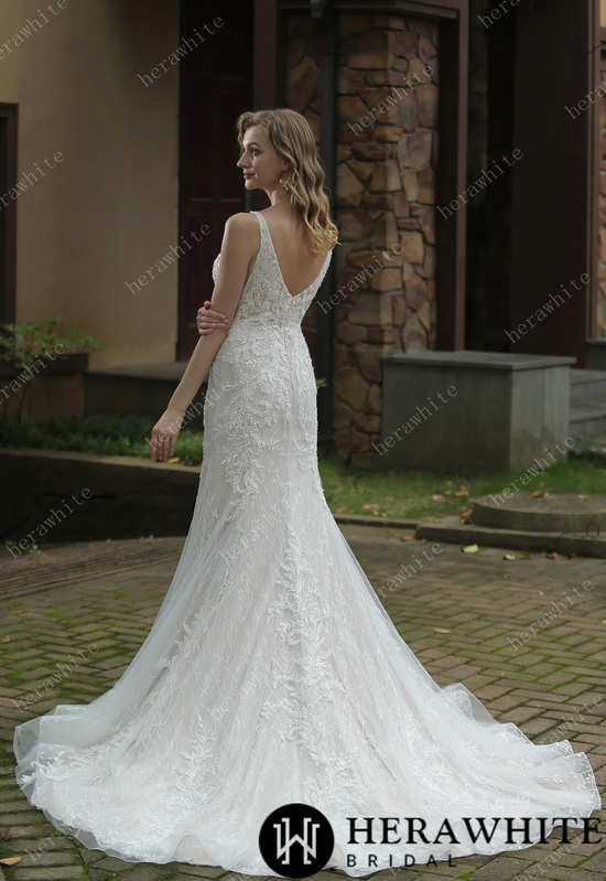Classic V Neck Allover Lace Fit and Flare Wedding Dress
