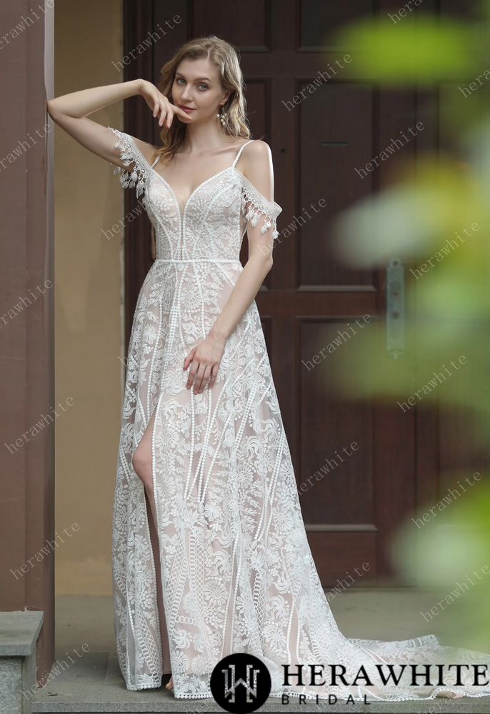 
                      
                        Beach Bohemian Lace Wedding Dress with Plunging V-Neckline
                      
                    