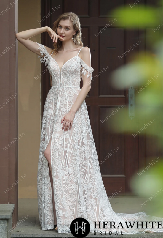Beach Bohemian Lace Wedding Dress with Plunging V-Neckline