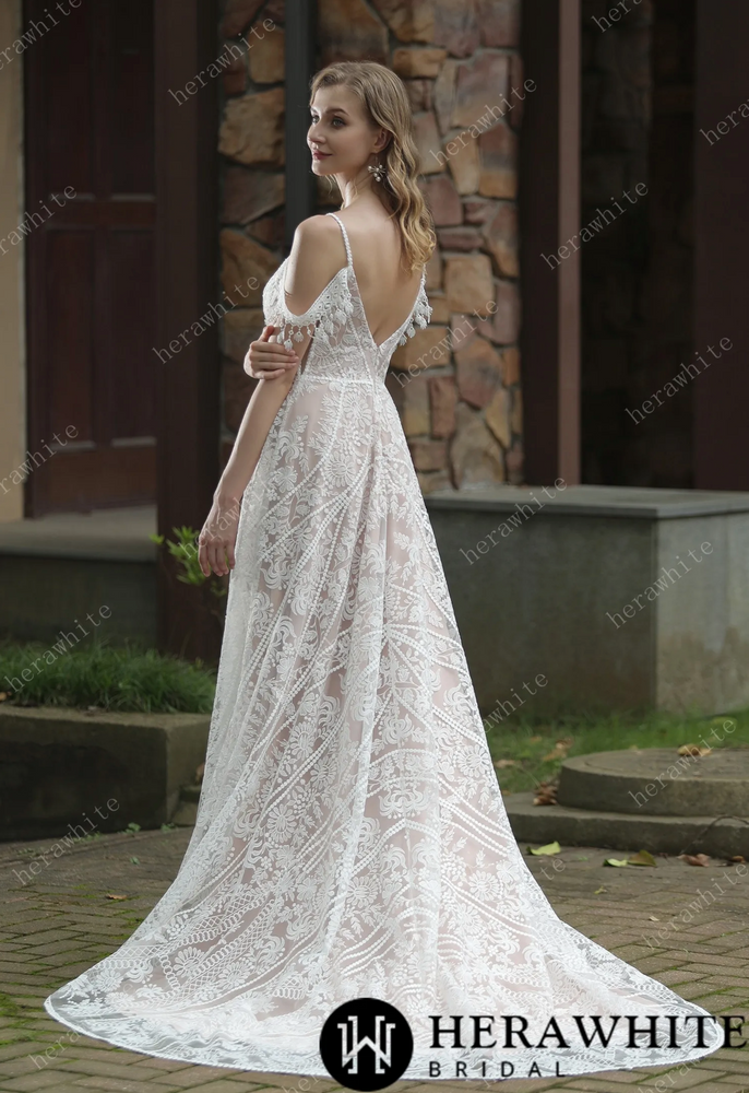 
                      
                        Beach Bohemian Lace Wedding Dress with Plunging V-Neckline
                      
                    