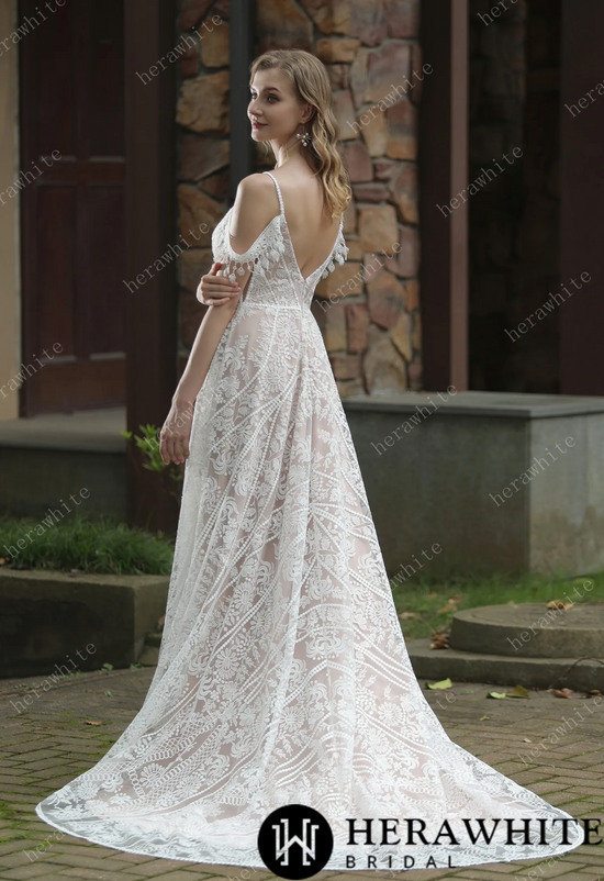 Beach Bohemian Lace Wedding Dress with Plunging V-Neckline