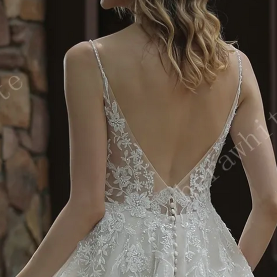 Load image into Gallery viewer, Sparkly A-Line Wedding Dress with Beaded Spaghetti Straps
