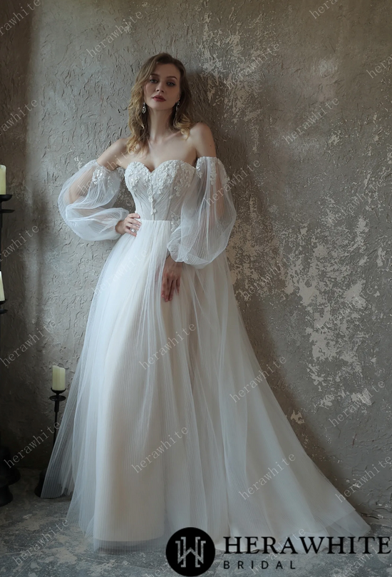 Enchanting Pleated Tulle A-line Wedding Dress with Pouf Sleeves