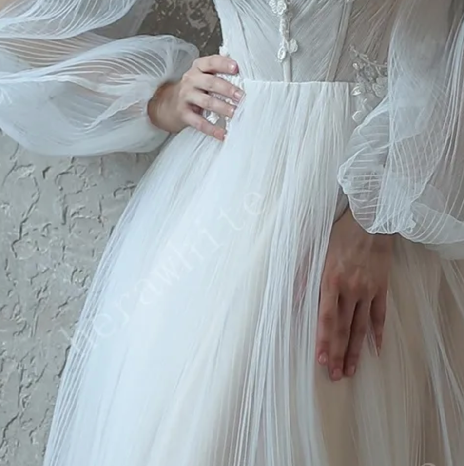 
                      
                        Enchanting Pleated Tulle A-line Wedding Dress with Pouf Sleeves
                      
                    