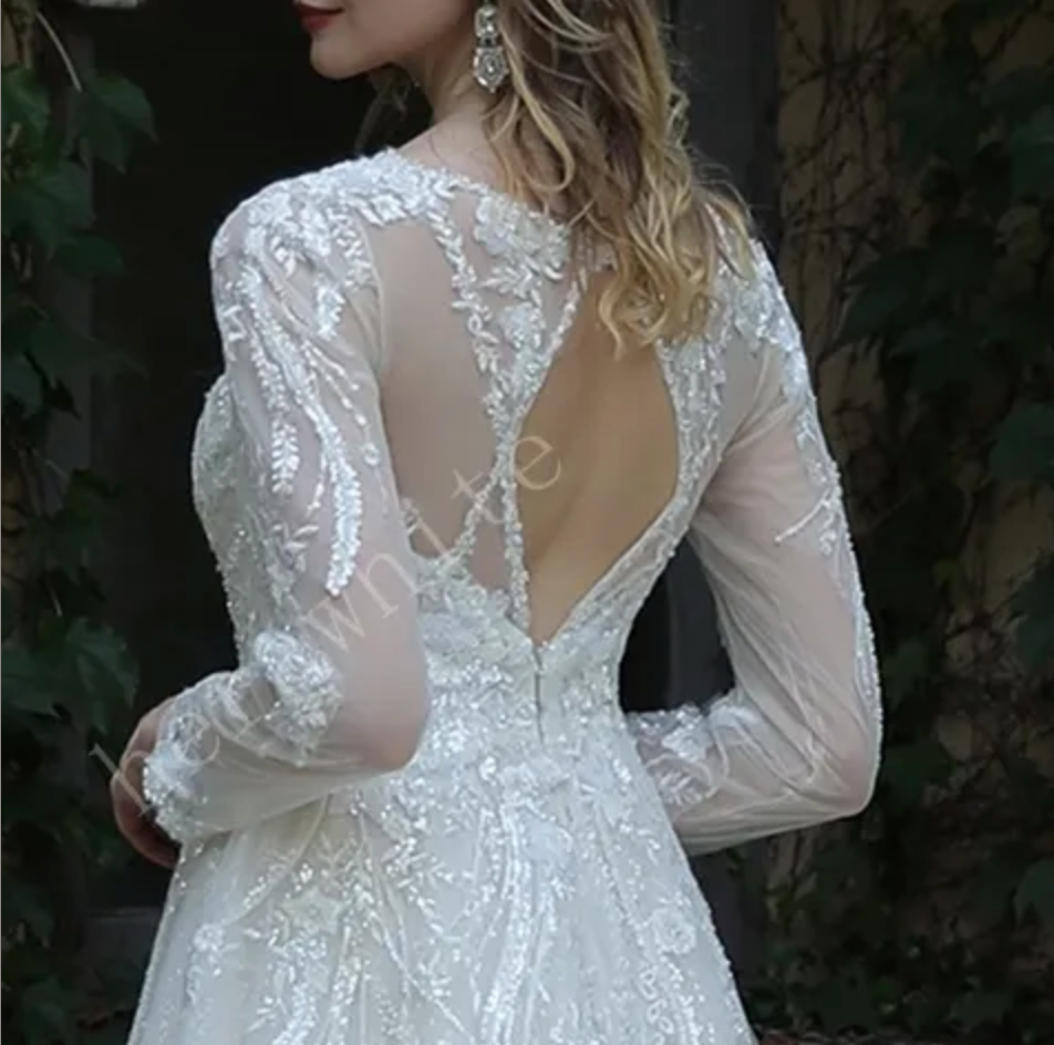 
                      
                        Long Sleeve Lace A-Line Gown with Plunging V-Neck
                      
                    