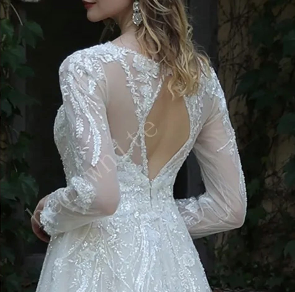 Long Sleeve Lace A-Line Gown with Plunging V-Neck