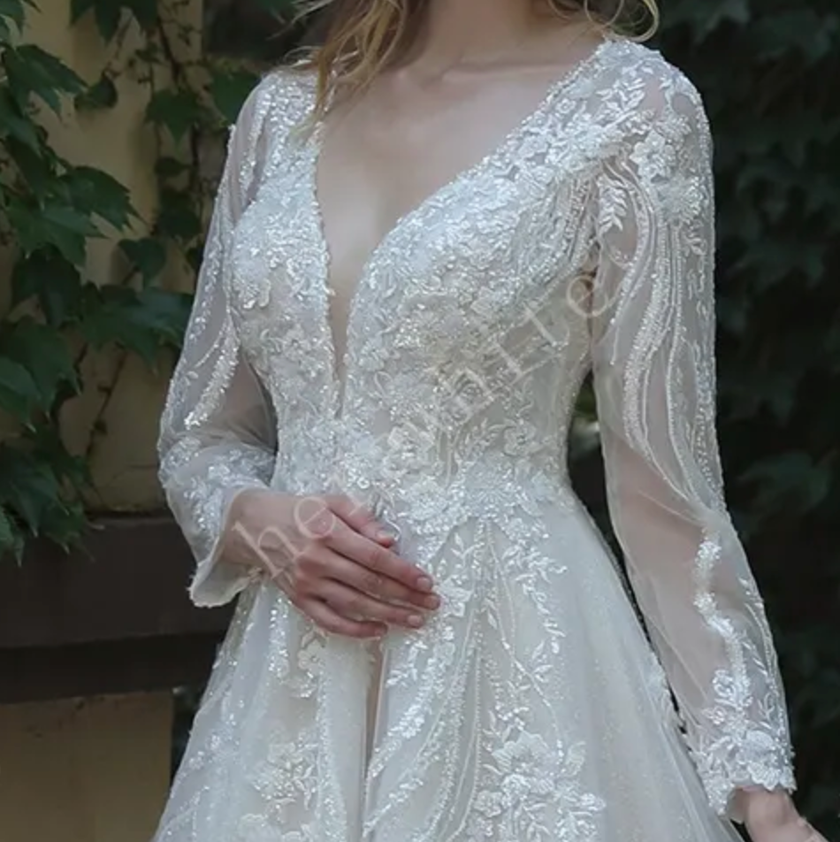 
                      
                        Long Sleeve Lace A-Line Gown with Plunging V-Neck
                      
                    