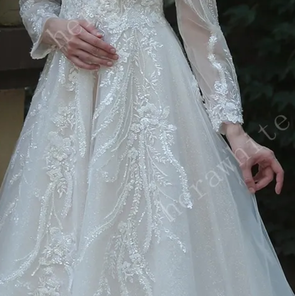 
                      
                        Long Sleeve Lace A-Line Gown with Plunging V-Neck
                      
                    