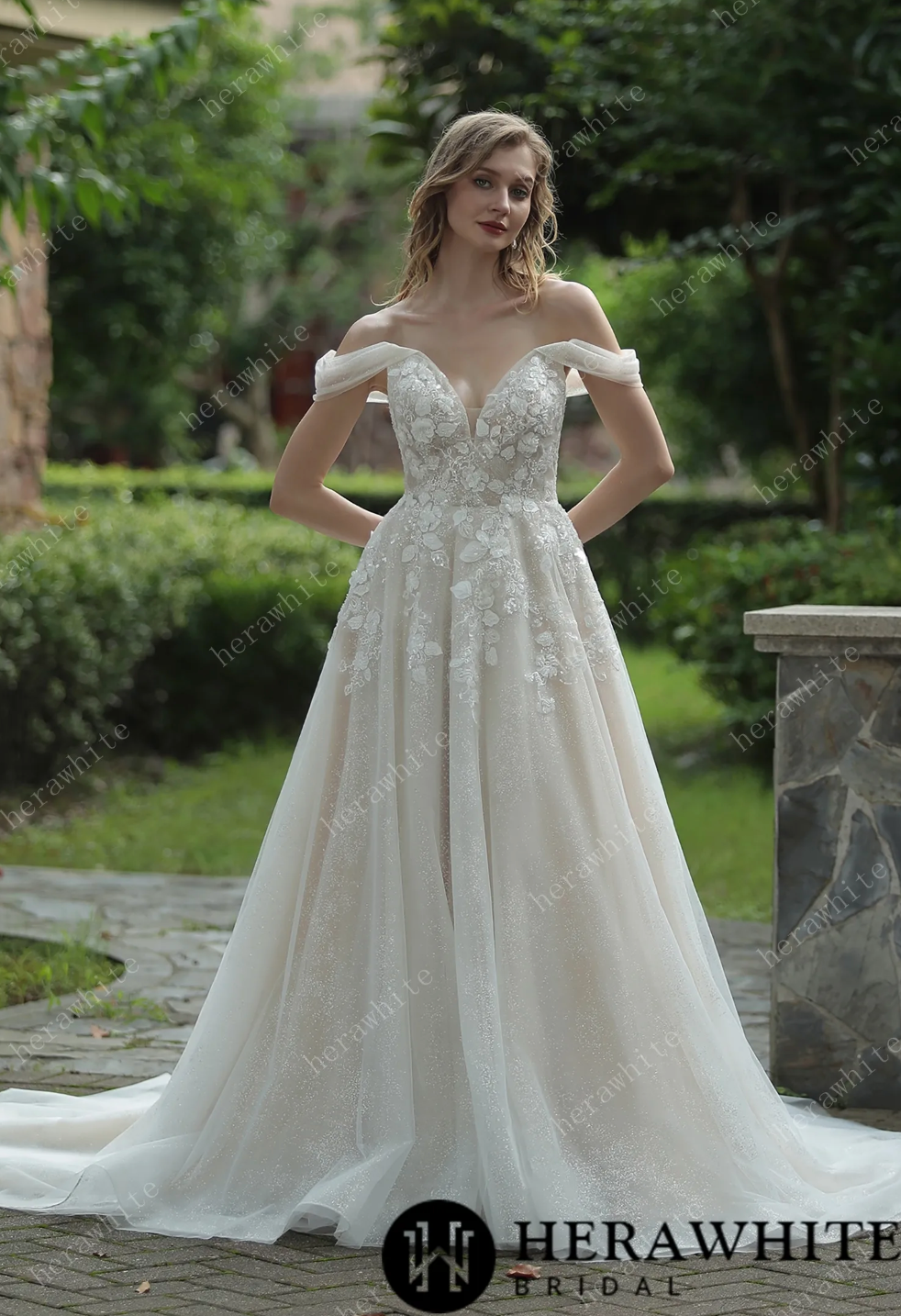 Off the shoulder top floral wedding dress
