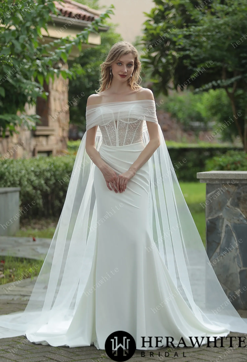 Plunging V-Neck Beaded Crepe Fit and Flare Wedding Dress