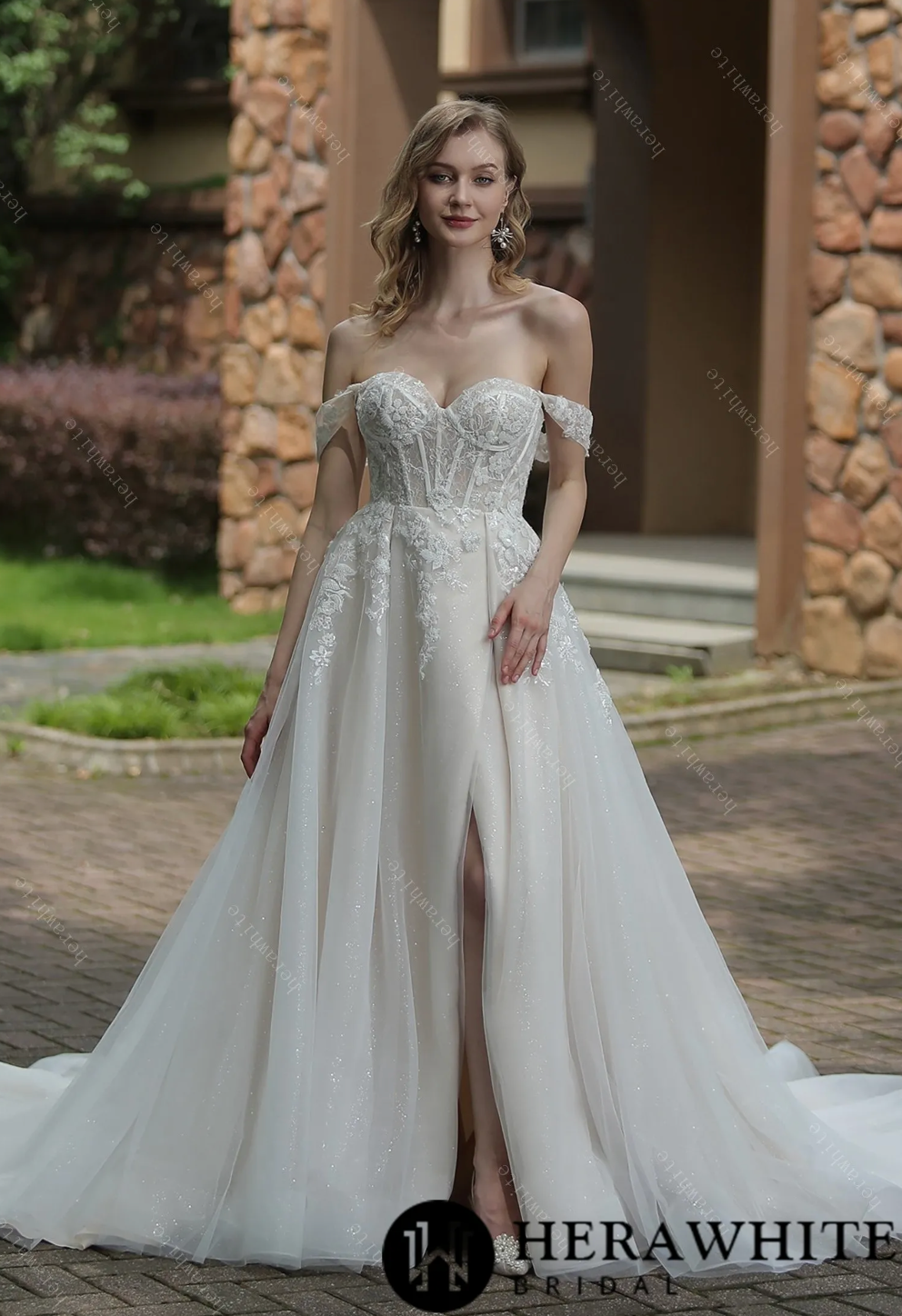 Tulle Off-The-Shoulder Sweetheart Lace Ball Gown with Slit