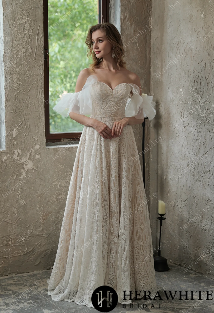 
                      
                        Allover Lace Boho Sweetheart Wedding Gown With Corset Back
                      
                    