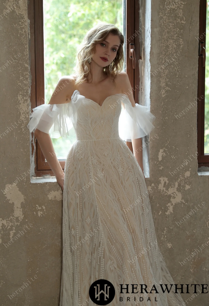 
                      
                        Allover Lace Boho Sweetheart Wedding Gown With Corset Back
                      
                    