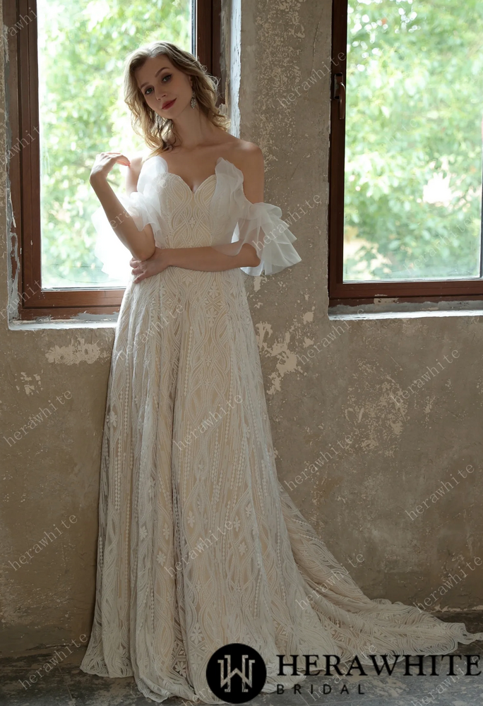 
                      
                        Allover Lace Boho Sweetheart Wedding Gown With Corset Back
                      
                    