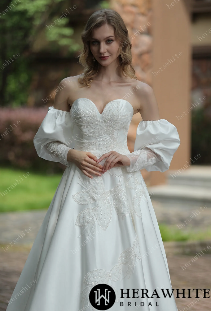 
                      
                        Classic Sweetheart Satin Wedding Dress With Detachable Pouf Sleeves
                      
                    