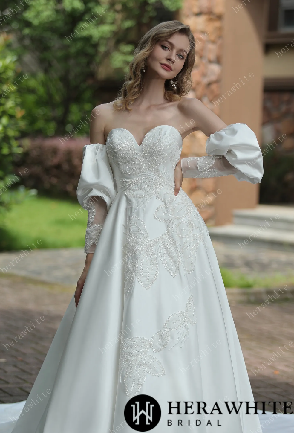 Load image into Gallery viewer, Classic Sweetheart Satin Wedding Dress With Detachable Pouf Sleeves
