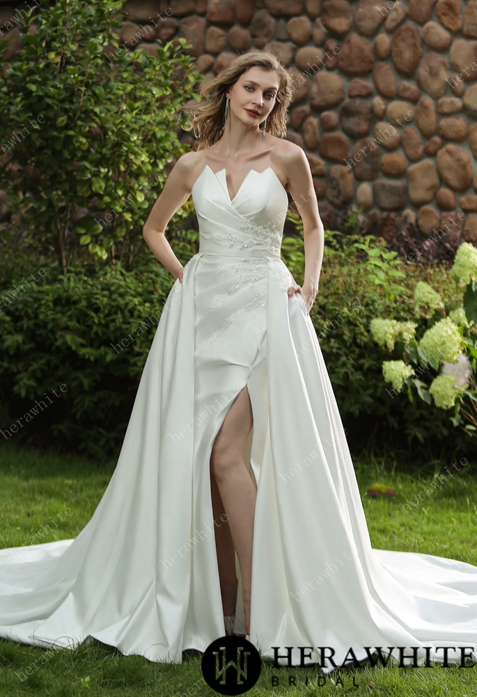 Strapless Silky Satin Wedding Dress With Detachable Overskirt