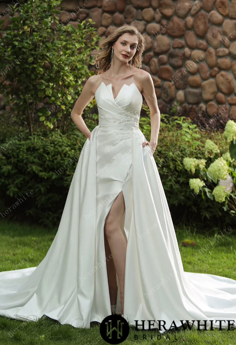 A-line Satin Wedding Dresses with Slit Strapless Wedding Gown