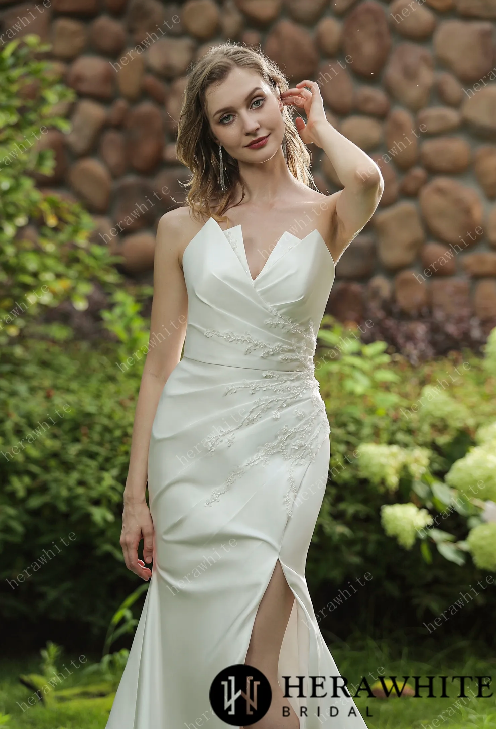 Load image into Gallery viewer, Strapless Silky Satin Wedding Dress With Detachable Overskirt

