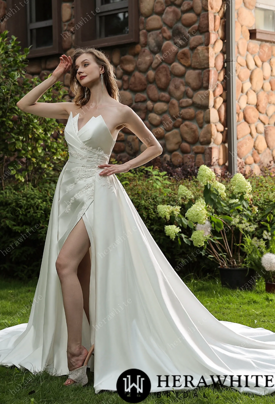 Load image into Gallery viewer, Strapless Silky Satin Wedding Dress With Detachable Overskirt
