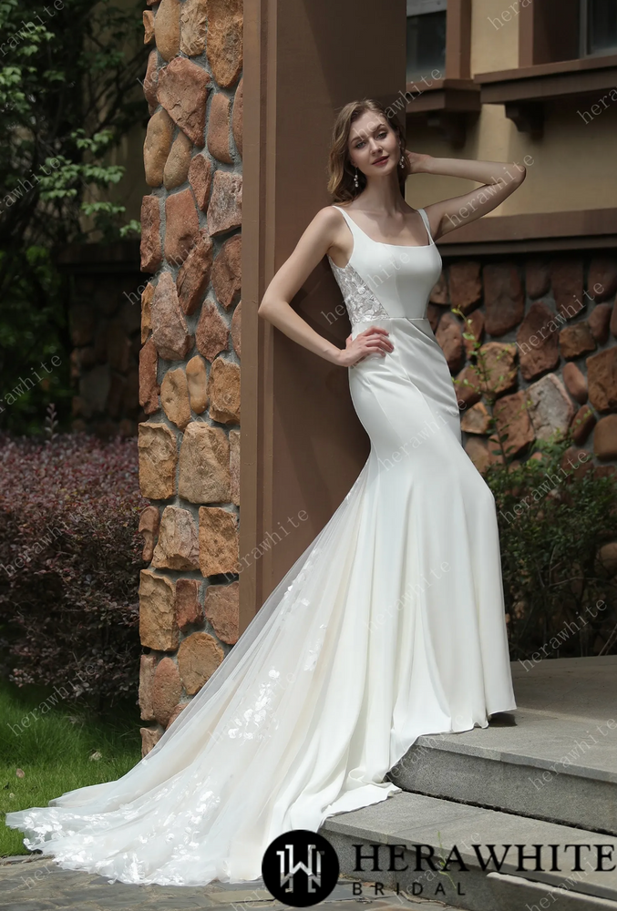 
                      
                        Square Neck Crepe Fit And Flare Wedding Dress With Tulle Bishop Sleeves
                      
                    