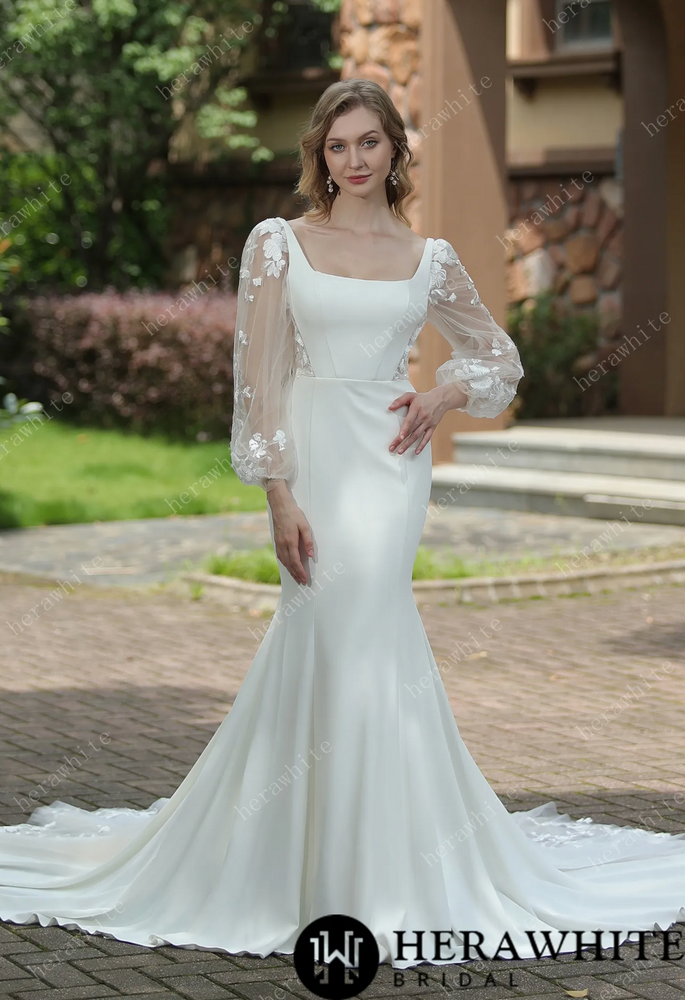 
                      
                        Square Neck Crepe Fit And Flare Wedding Dress With Tulle Bishop Sleeves
                      
                    