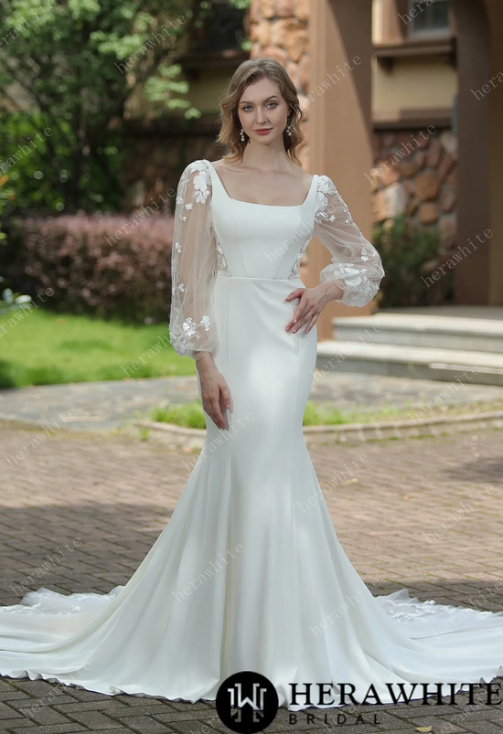 Square Neck Crepe Fit And Flare Wedding Dress With Tulle Bishop Sleeves